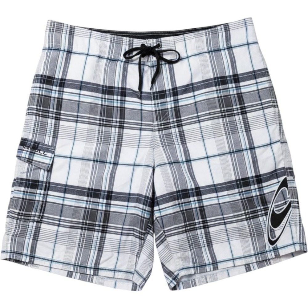 O'Neill Swim Trunks Mens 38 White Plaid Board Shorts Drawstring Pockets Surf